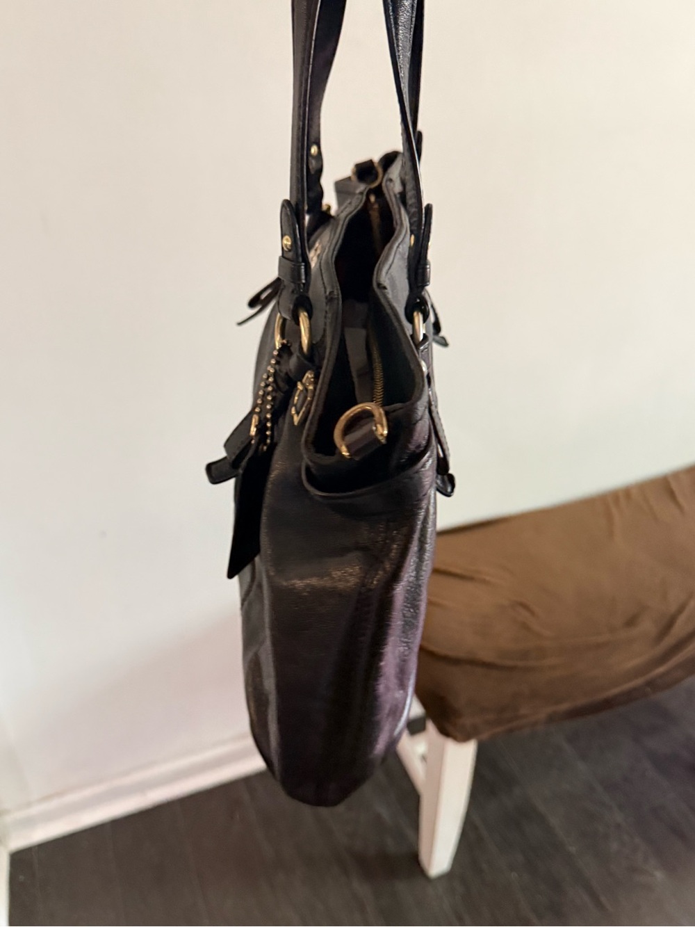 Coach Black Leather Shoulder Tote with Gold Accents - Picture 6 of 8